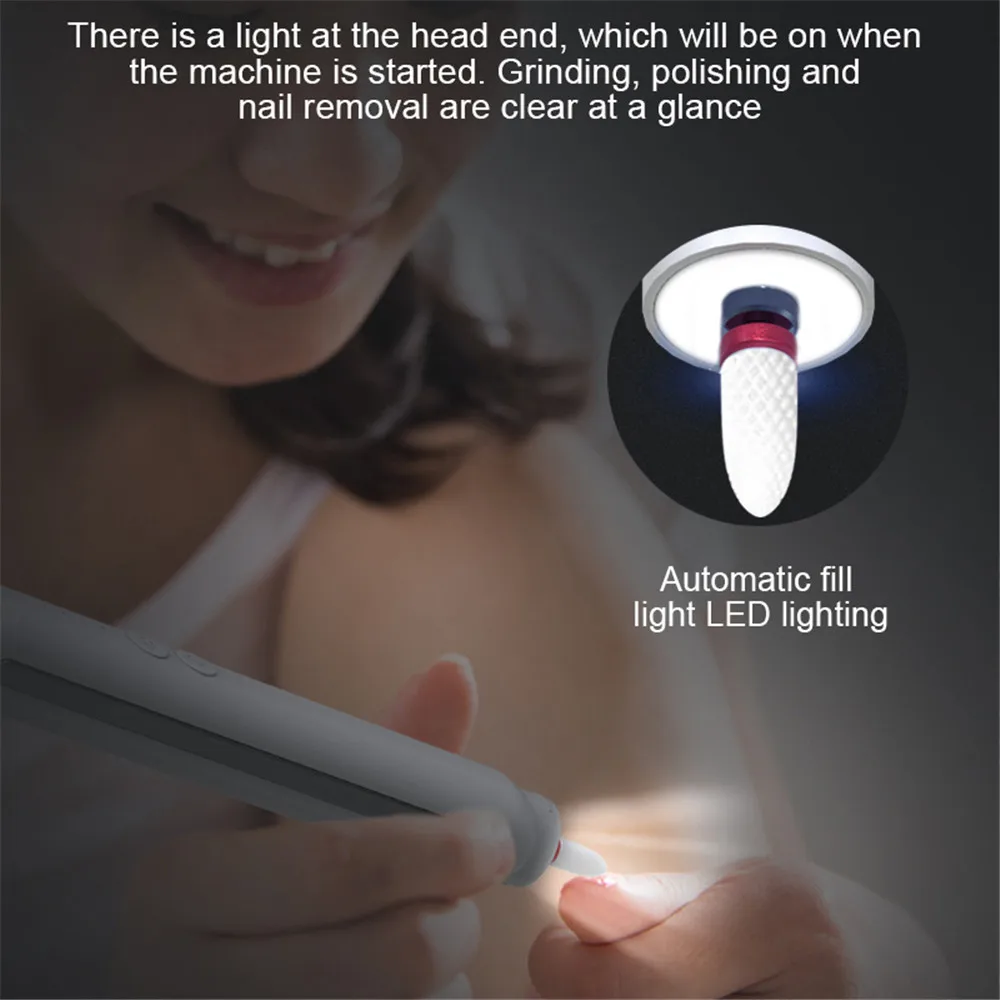 

USB Charging With LED Spotlight Lighting Electric Manicure Sander Nail Drill Machine Pen Art Polisher Equipment Pedicure File