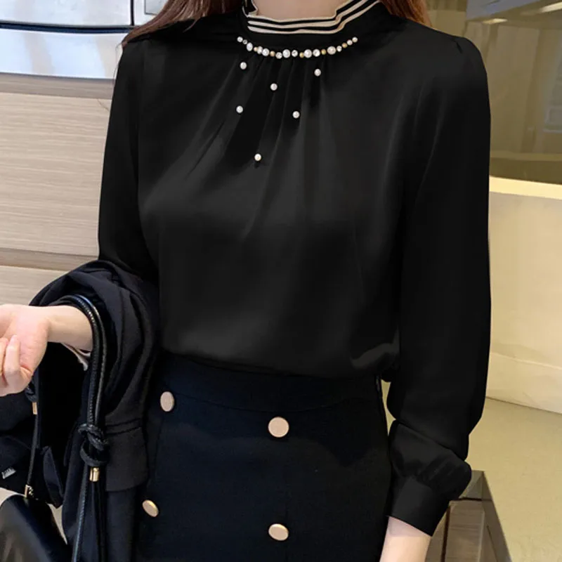 Autumn Long Sleeve Blouse Women Blusas Mujer De Moda 2021 Beading Stand Collar Chiffon Shirt Top Clothes Blusa D537 | Женская одежда