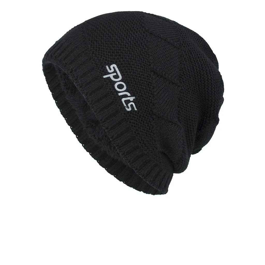 

Men's Caps Winter Thick Fleece Lined Hats Male Skullies Bonnet Embossed Letter Sport Knitted Beanie Cap Bone Casual Outdoor Hat