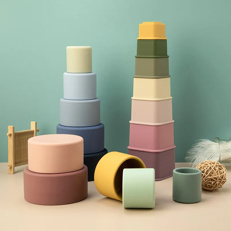 

5pcs Newest Silicone Building Cup Baby Silicone Teether BPA Free Geometric Stacked Cups Folding Educational Toys Accessories
