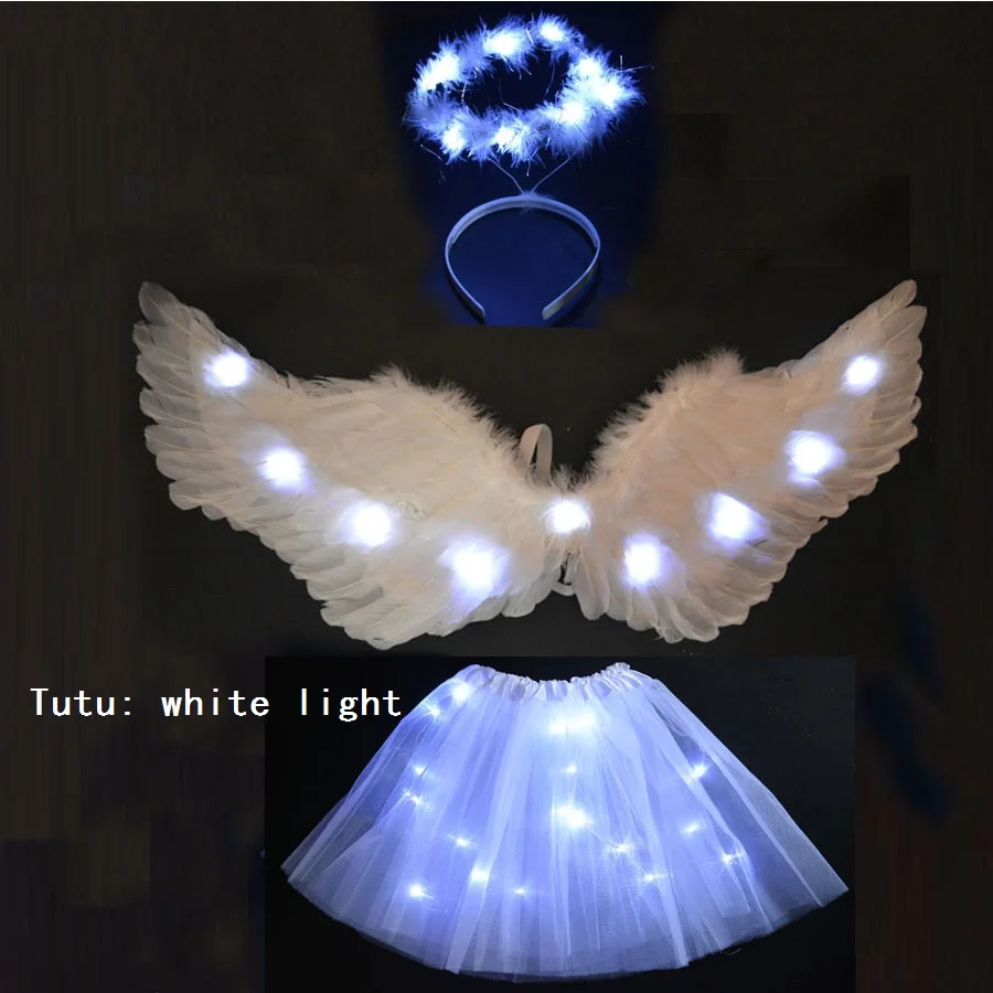 Для взрослых детей Крыло ангела оголовье юбки пачки светодиодный светильник вечерние Косплей танцевальное шоу светящийся карнавальный свадебный костюм - Цвет: all white set