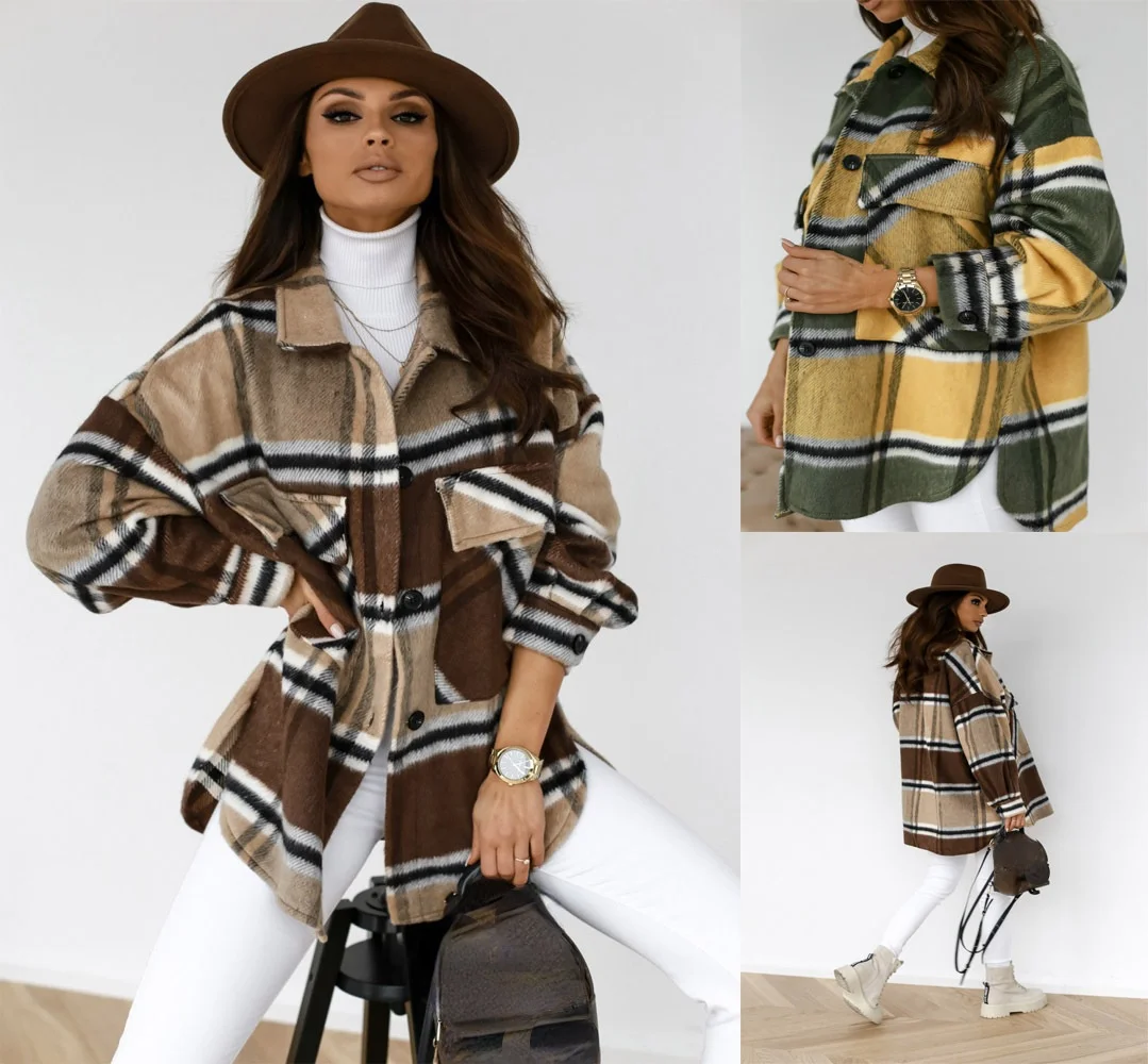 

Plaid Shirt Coat Women 2021 Autumn and Winter Long Sleeved Coats