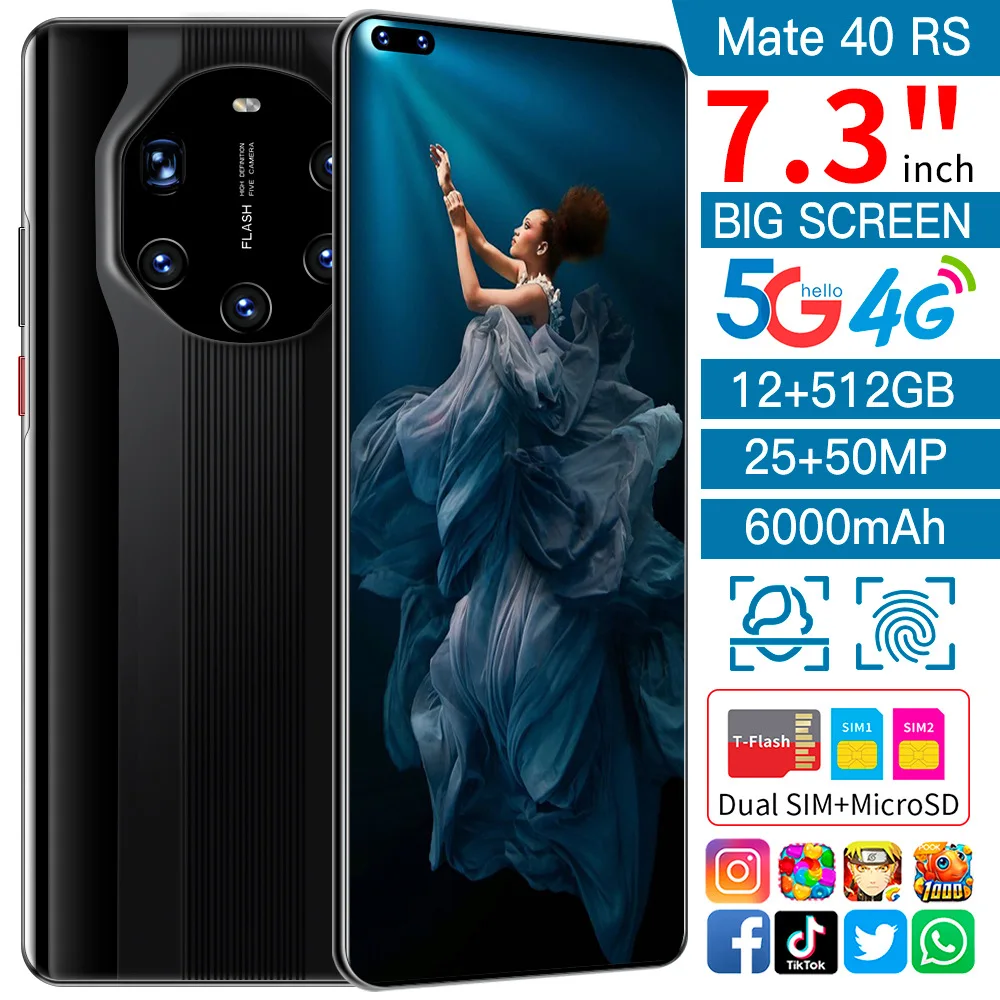 

Original Hauwei Mate 40 Pro 16GB+512GB smartphoens 7.3 HDinch android 10.0 cellphones 6000 mAh mobile phones 10-core Face ID GPS
