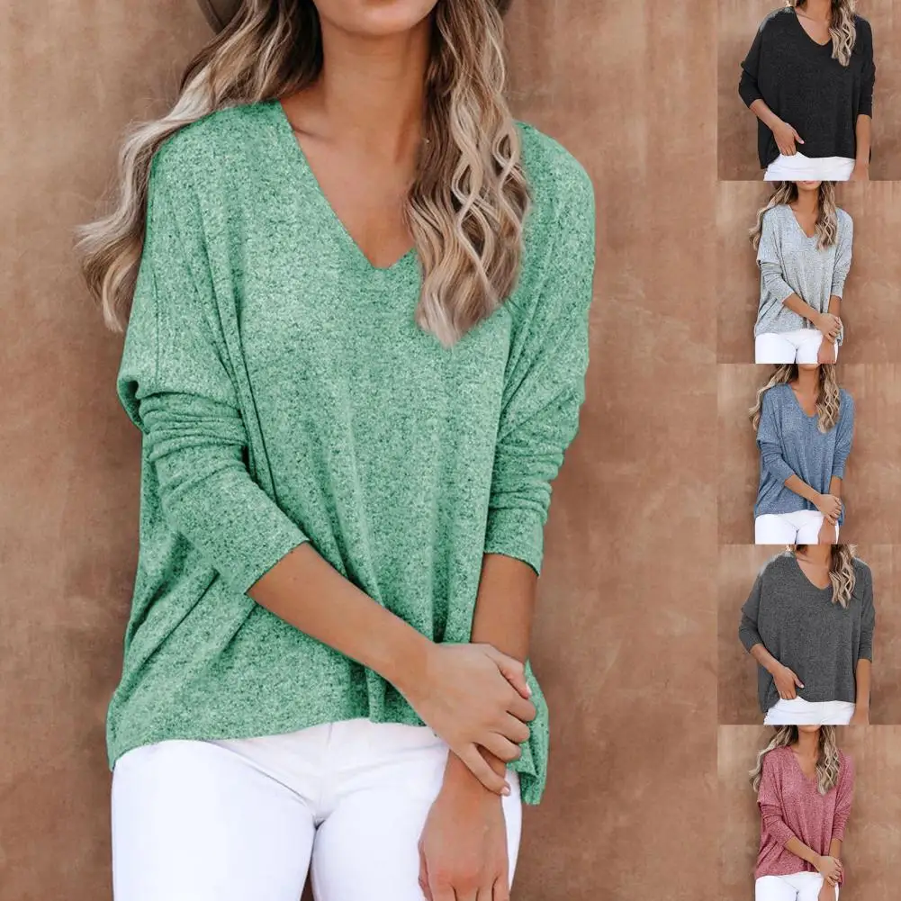 

Женская Однотонная футболка с рукавом летучая мышь, осенняя универсальная Блузка с V-образным вырезом для повседневной носки