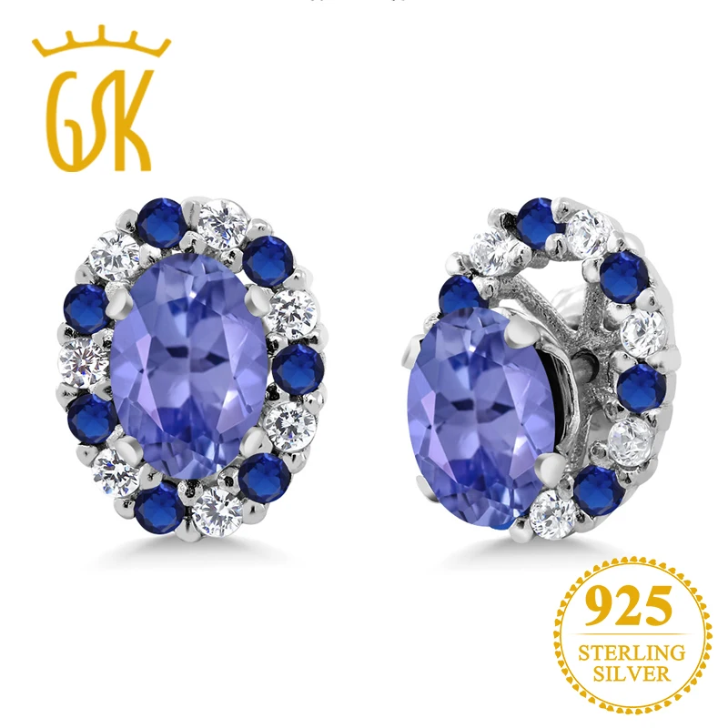 GemStoneKing1.26 Ct ОВАЛЬНЫЙ натуральный синий Танзанит Твердые 925 пробы серебряные серьги гвоздики с куртками для женщин ювелирные украшения