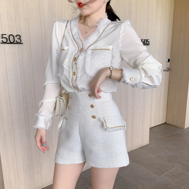 

Korean Fashion Streetwear Tweed 2 Piece Set Women Long Sleeve Shirt Blouse Tops + Shorts Sets Vintage Two Piece Pant Suits