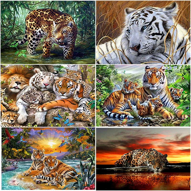 

DIY Tiger 5D Diamond Painting Cross Stitch Animal Diamond Embroidery Full Round Drill Rhinestones Wall Art Home Decor