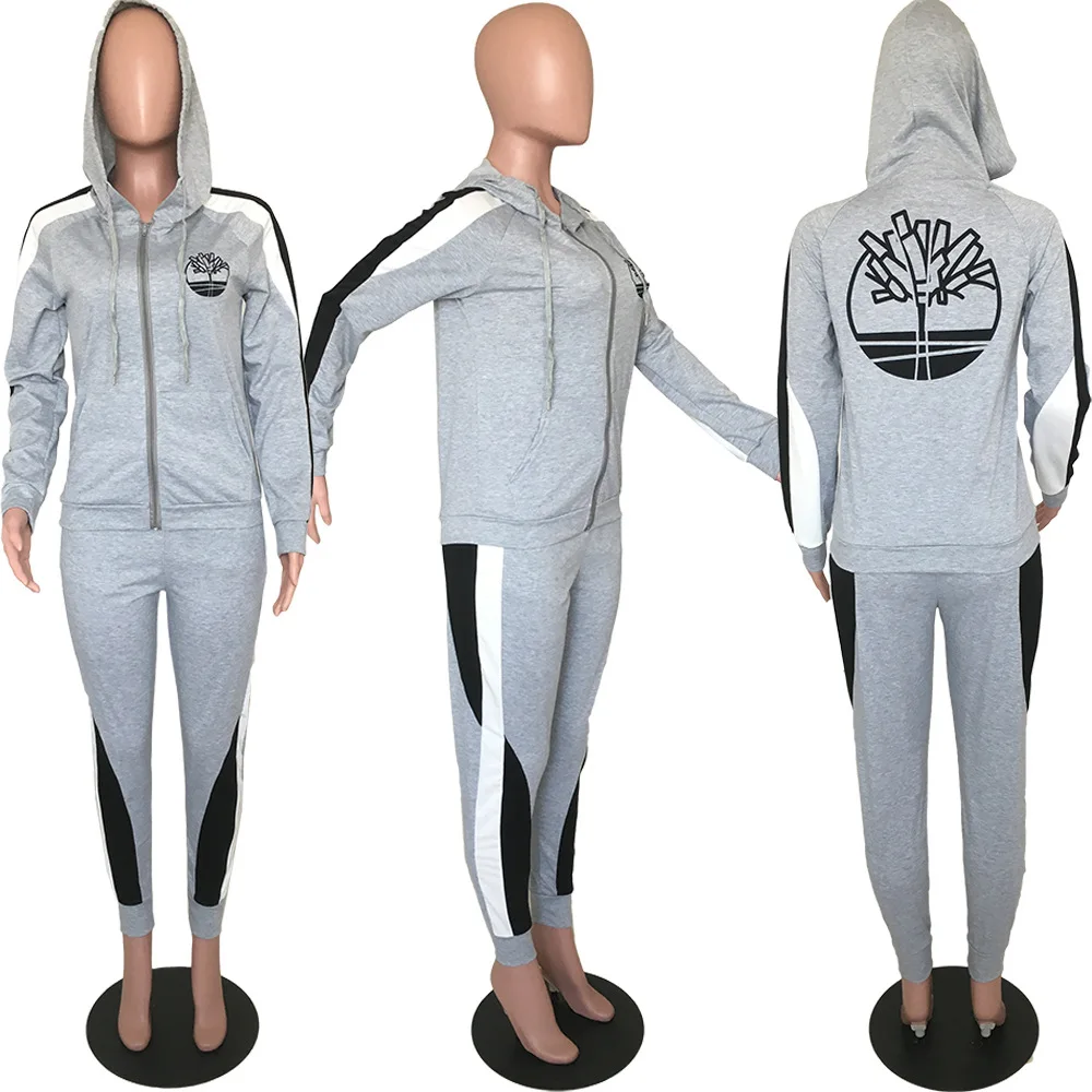 

Print Two Piece Set Women 2021 Fall Pockets Zipper Hooded Jackets Drawstring Elastic Sweatpants Sets Sporty Street Casual Outfit