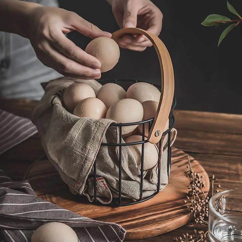 Железная корзина с ручкой из твердой древесины простая дренажная для фруктов и