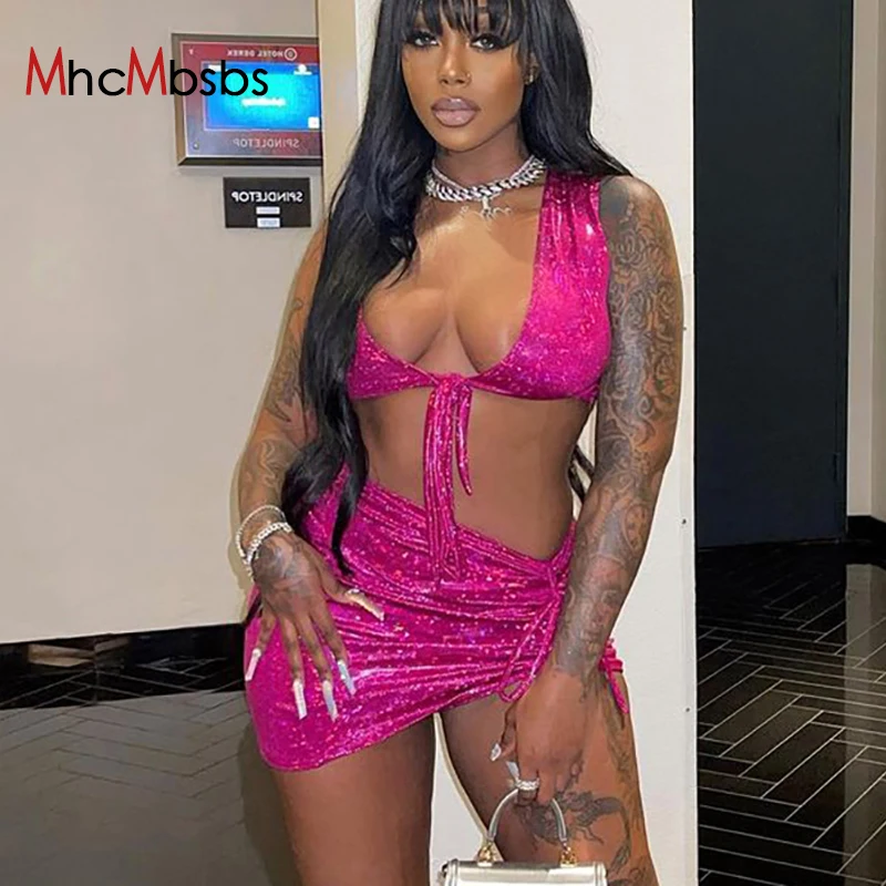 

Glitter Sexy Hollow Out Sleeveless Bandage Mini Skirts Outfits Night Club Birthday Prom Party Crop Top Set Women Bodycon Clothes