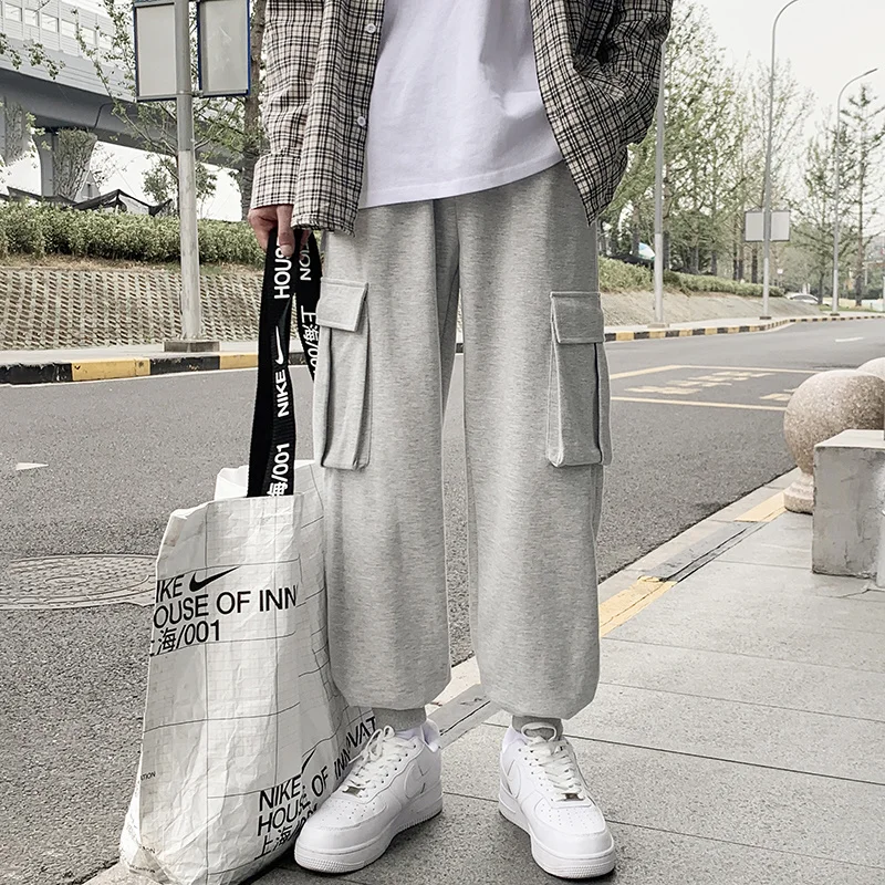 

Autumn Black/Gray Sweatpants Men's Fashion Pocket Casual Pants Men Streetwear Loose Straight Cargo Pants Mens Overalls M-2XL