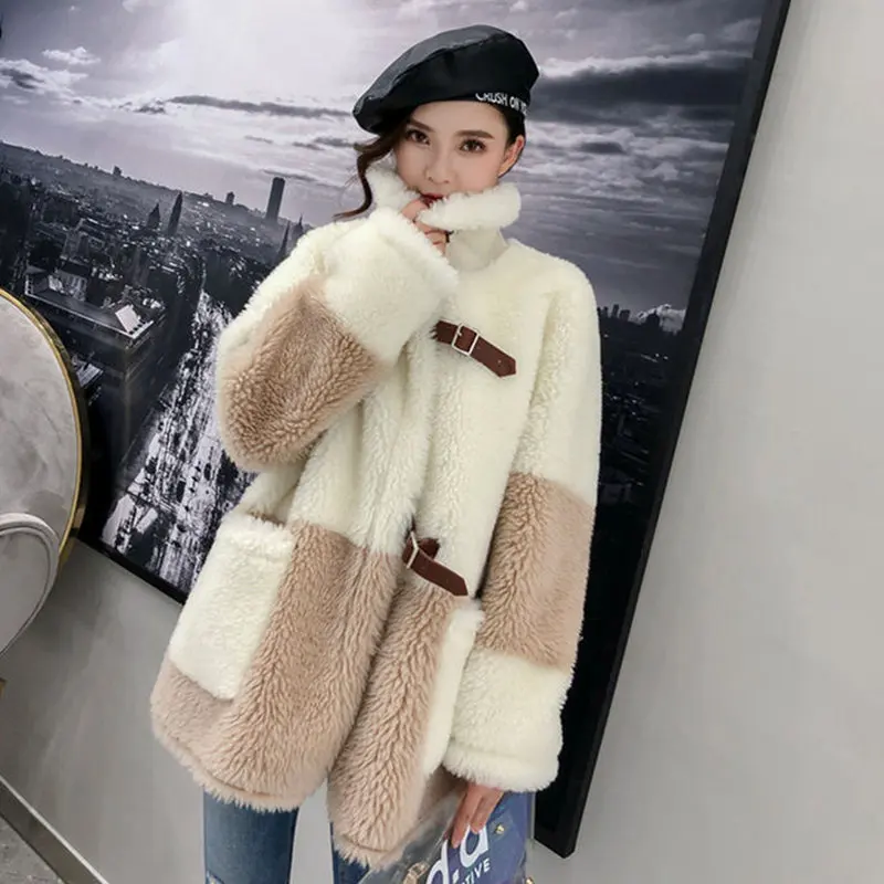 

Winter Faux Fur Women's Coat Turn-Down Collar Long Sleeve Cardigan Plus Size Loose Patchwork Thick Fashion Office Lady Coat