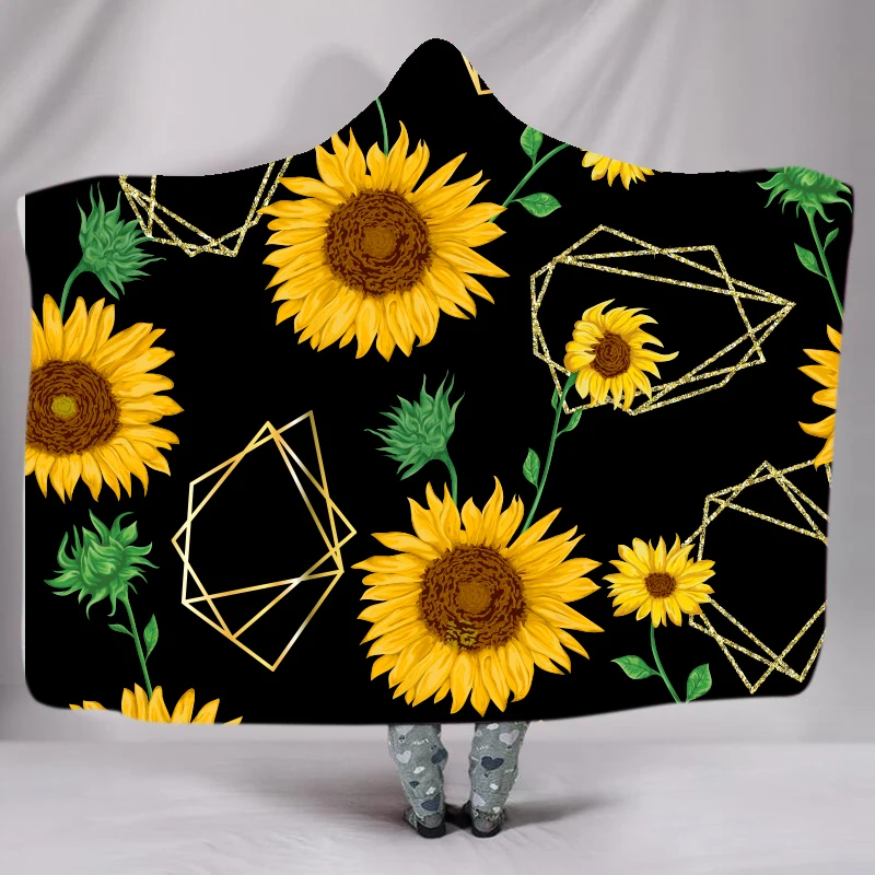 

Sunflower Hooded Blanket for Adults Floral Pattern Sherpa Fleece Wearable Warm Plush Throw Blanket on Bed Sofa