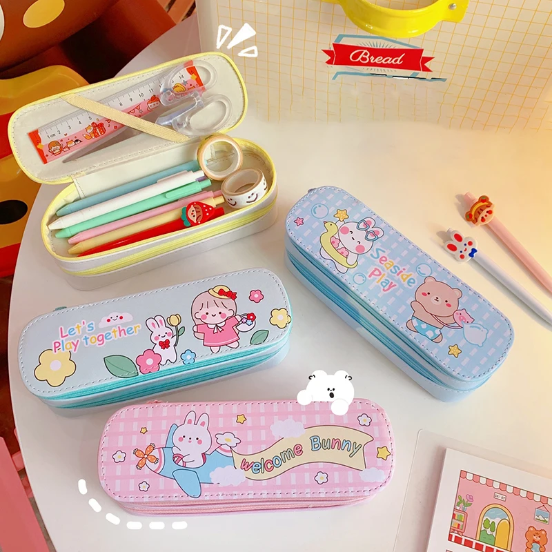 

Cute Cartoon Pattern Double-layer Pencil Cases Bags Creative Korea Canvas Pen Box Pouch Case School Office Stationary Supplies