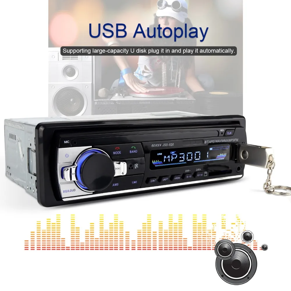 Автомагнитола jsd 520 12 в Bluetooth, автомобильный стерео In-dash 1 Din, FM, Aux вход, поддержка Mp3/MP4, USB, MMC, WMA, AUX IN, TF, автопроигрыватель