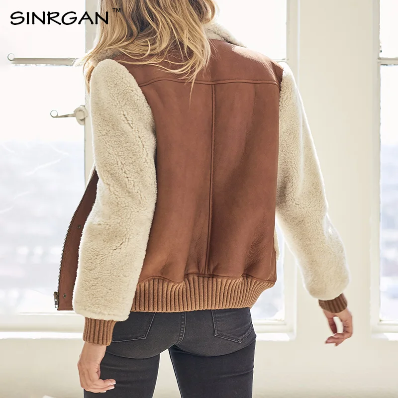 SINRGAN кожа мех лоскутное теплое пальто зимняя куртка женская 2020 молния топы с