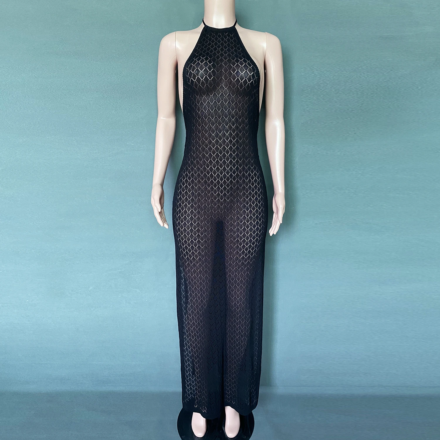 

2021 Summer Maxi Bodycon Dresses Knit Women Backless Sleeveless Halter Neck Black Beach Off Shoulder Sexy Dress Party