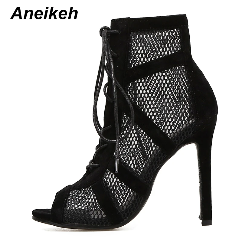 Aneikeh 2022 Fashion Basic Sandals Boots Women High Heels Pumps Sexy Hollow Out Mesh Lace-Up Cross-tied Boots Party Shoes 35-42
