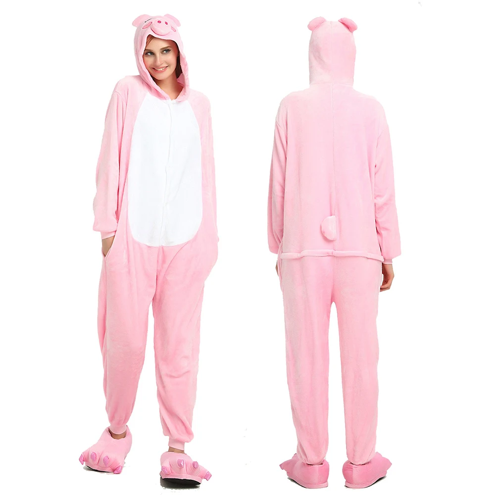Pink Pig Animal Onesies Flannel Cartoon Cosplay Sleepwear Adult Women Pajamas Winter Homewear Jumpsuit Coral Fleece Nightwear