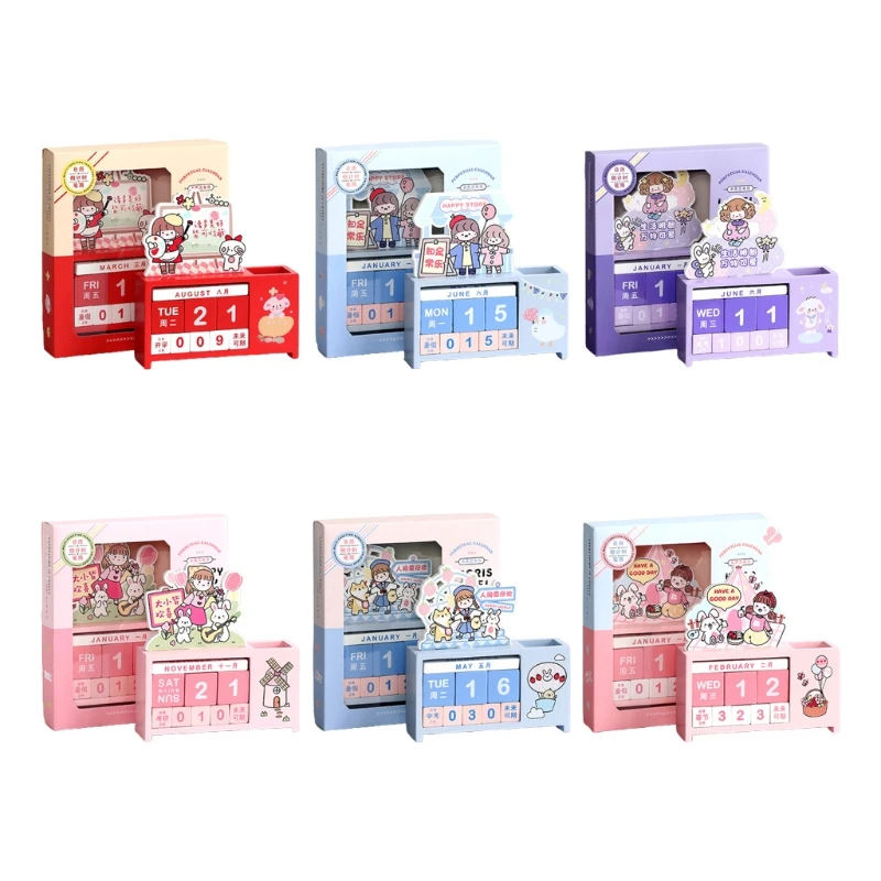 

Creative Cartoon Wooden Calendar Cute Anime Girls Pattern Number Cubes Block Month Date Week Display for Home Office