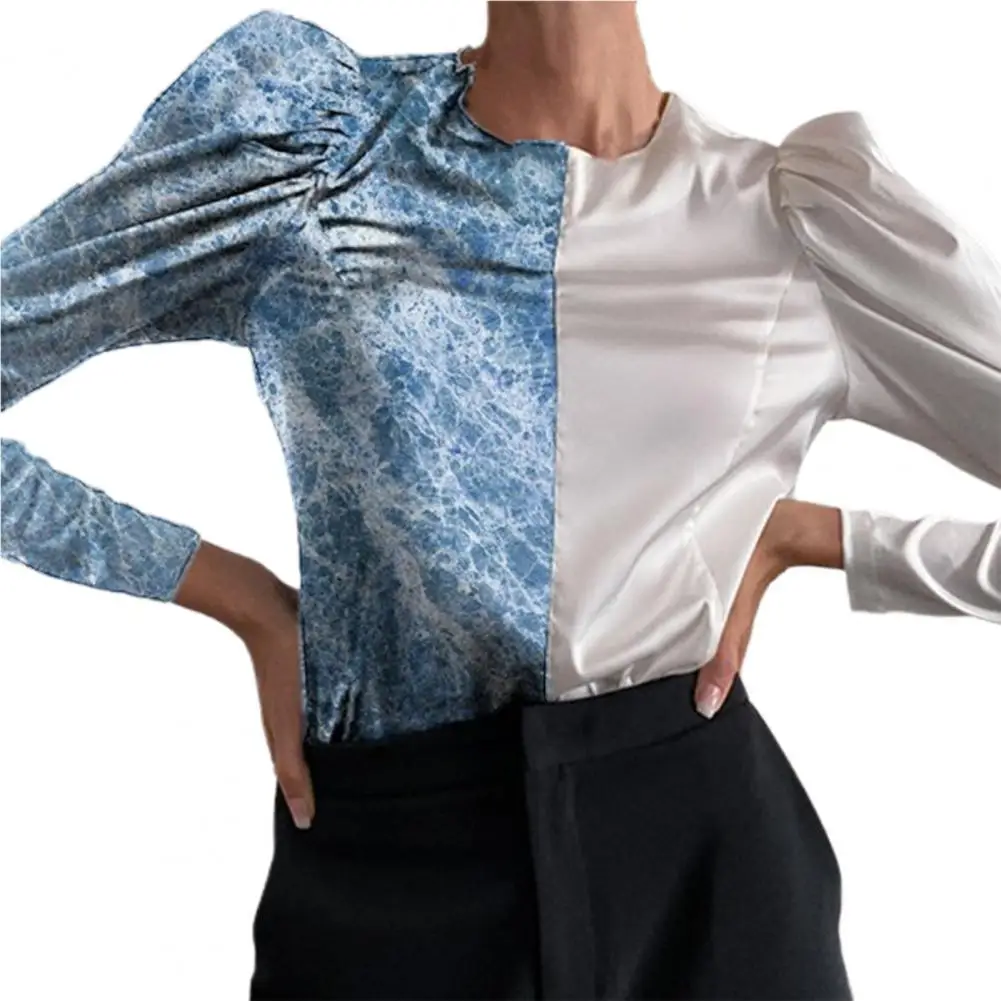 

Lady Shirt Bubble Sleeve Contrast Colors Casual Round Neck Women Top for Work