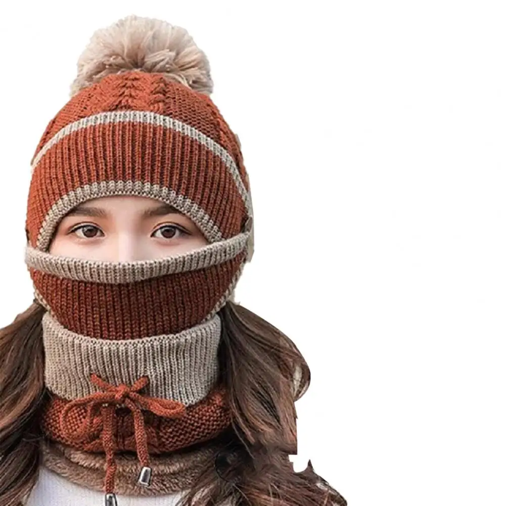 

Hot Sales 3Pcs Fleece Inside Knitted Hat Warm Plush Bouncy Winter Spring Face Cover Hat Scarf Set