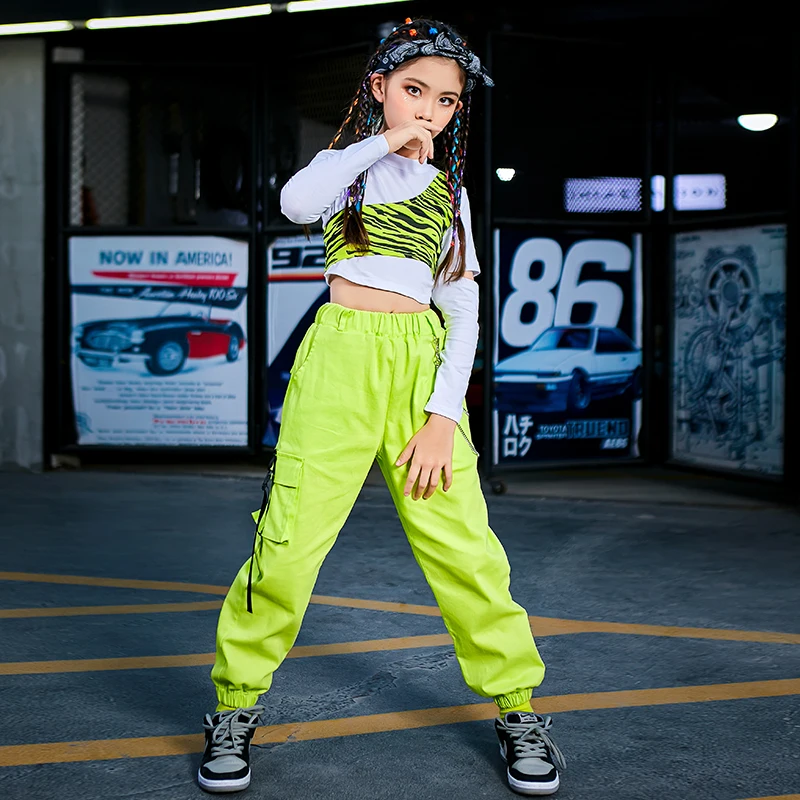 Танцевальные костюмы для девочек в стиле хип-хоп флуоресцентные зеленые детские