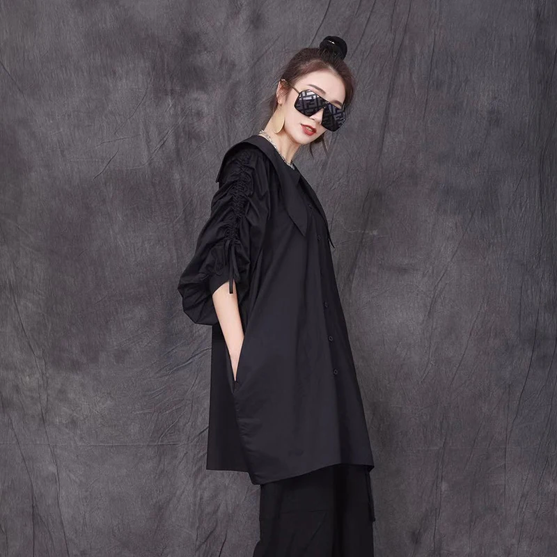 

CHICEVER Minimalist Black Shirt For Women Peter Pan Collar Long Sleeve Loose Oversize Solid Blouses Female Clothing 2021 Fashion