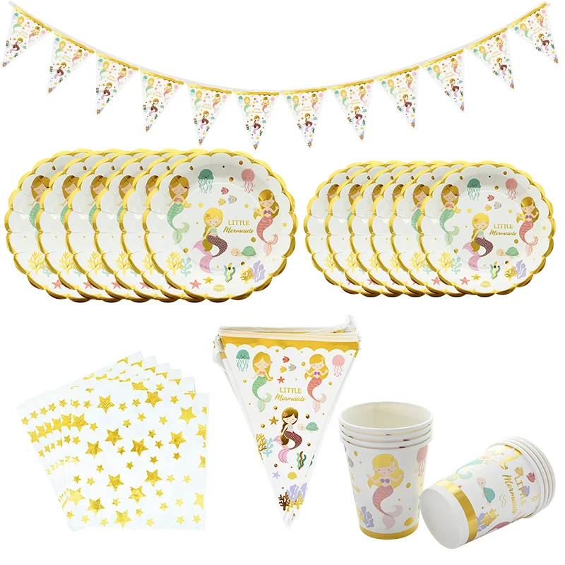 Набор одноразовой посуды для вечеринки русалка золотого цвета бумажные