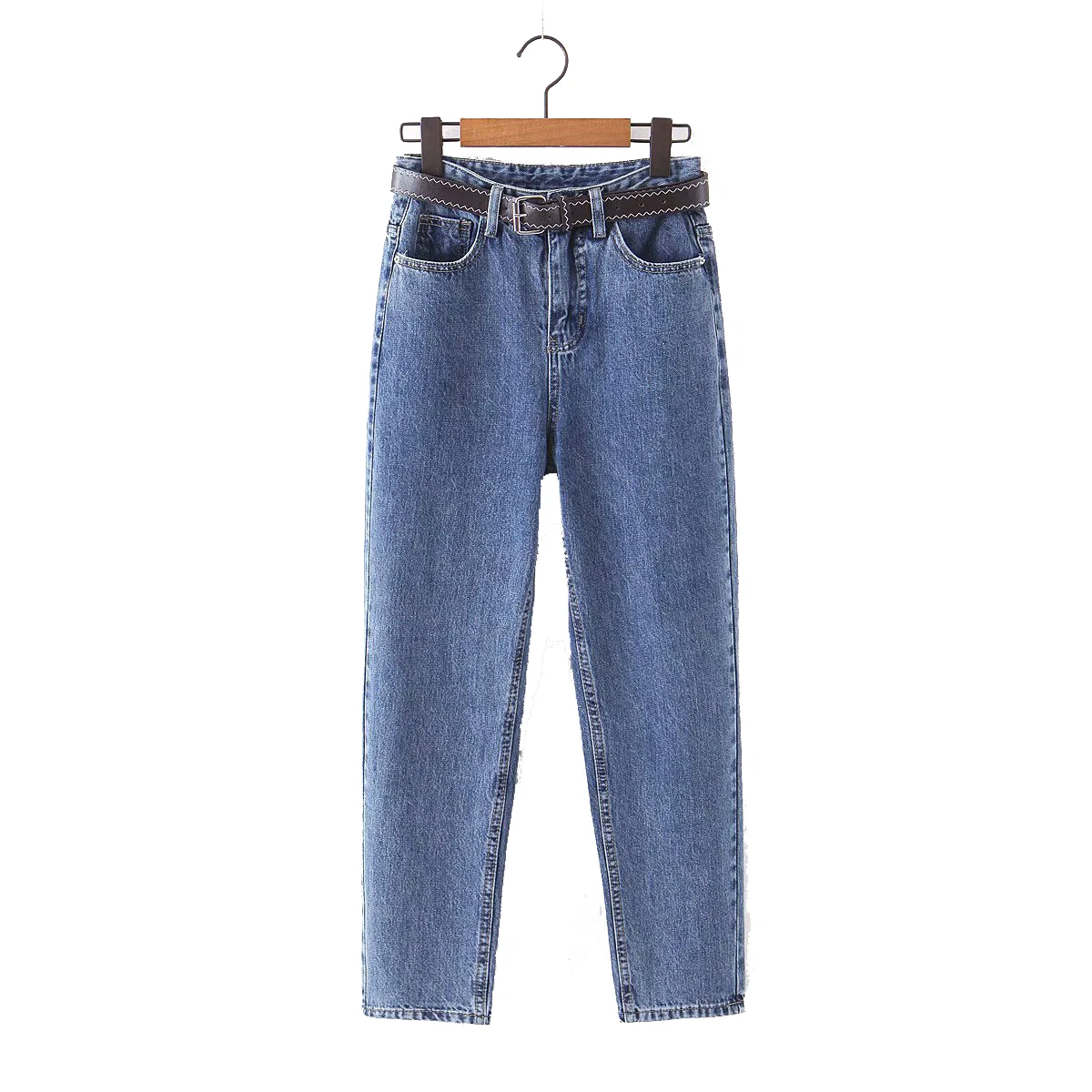 

Женские джинсовые брюки с поясом уличная Повседневное с ослабленной завышенной талией джинсы с пуговицами и карманами Femme Демисезонный