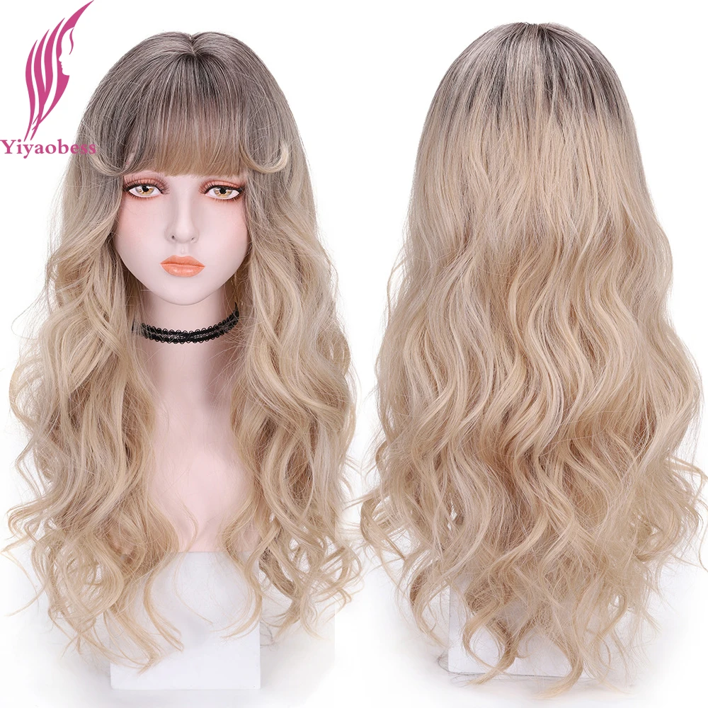 

Yiyaobess 26inch Pink Brown Blonde Ombre Wig With Bangs Long Wavy Hair Synthetic Natural Wigs For Women Pelucas De Mujer