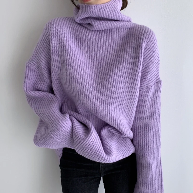 

Woman Sweaters 2021 New Korean Fashion Elegant All-match Solid Color High Neck Pit Strip Loose Loose Long-sleeved Knit Sweater