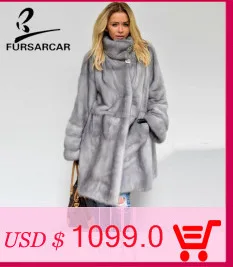 FURSARCAR новая зимняя темно-серая шуба из настоящей норки для женщин, шуба с воротником-стойкой, Женская Роскошная Шуба из норки
