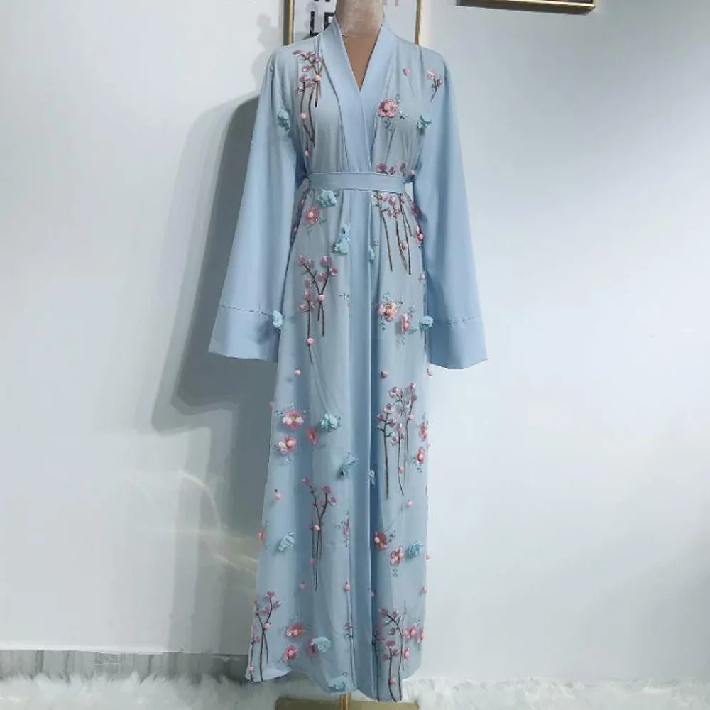 Модное мусульманское Розовое Кимоно с цветочной вышивкой Abayas Дубай Арабский