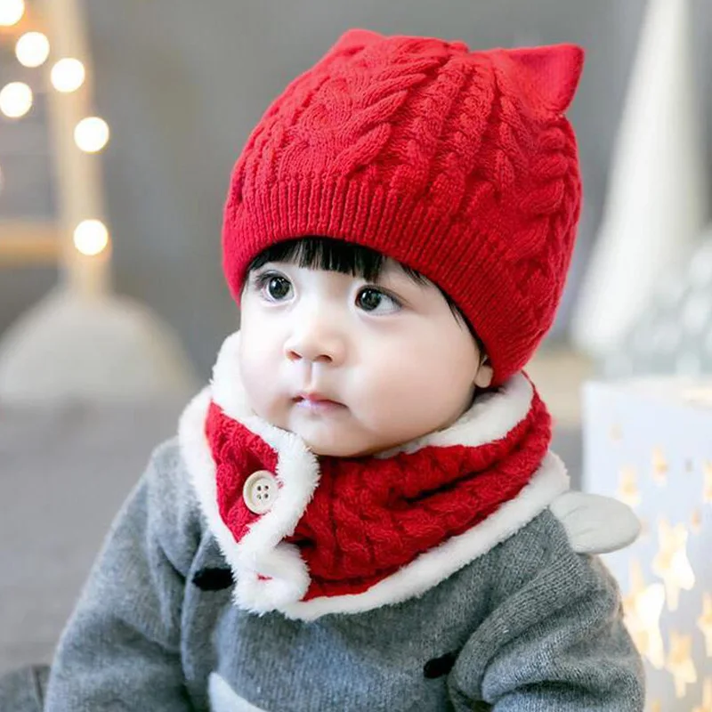 Winter Warm Outdoor Cute Beanie Hats for Baby Kids Knitted Hat with Neck Gaiter Sets Fashion Cap for Boys Girls 6-24M