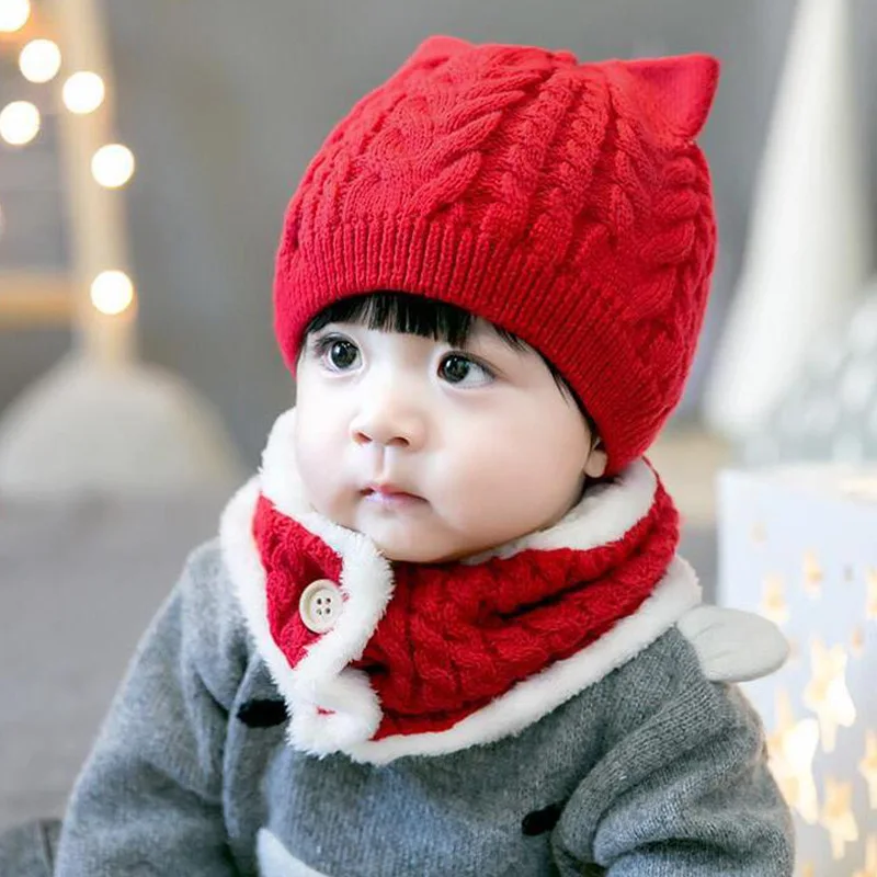 

Winter Warm Outdoor Cute Beanie Hats for Baby Kids Knitted Hat with Neck Gaiter Sets Fashion Cap for Boys Girls 6-24M