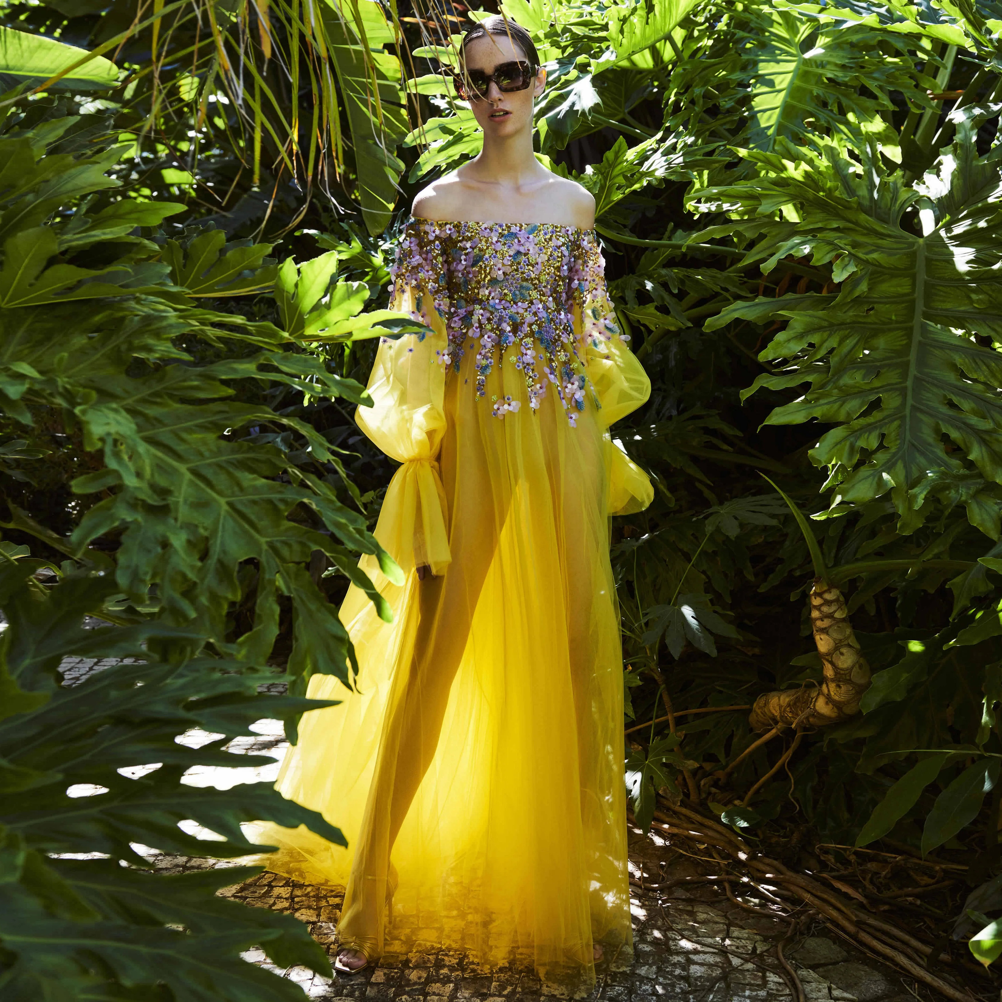 

Sequins Beaded Prom Dress Off Shoulder Yellow Tulle Dress A-line Evening Dresses Eleganye Dresses For Women Floral Dress Long