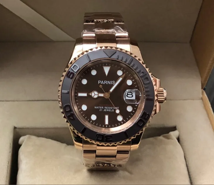 

41MM PARNIS 21 jewels Automatic Self-Wind movement Ceramic bezel Sapphire Crystal luminous Rose Gold case men's watch G61