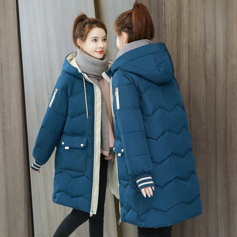 EHQAXIN Autumn Winter Women's Hooded Down Jacket Fashion New Korean Loose Zipper Coat Small Fresh Mid-Length Wadded Jacket S-3XL