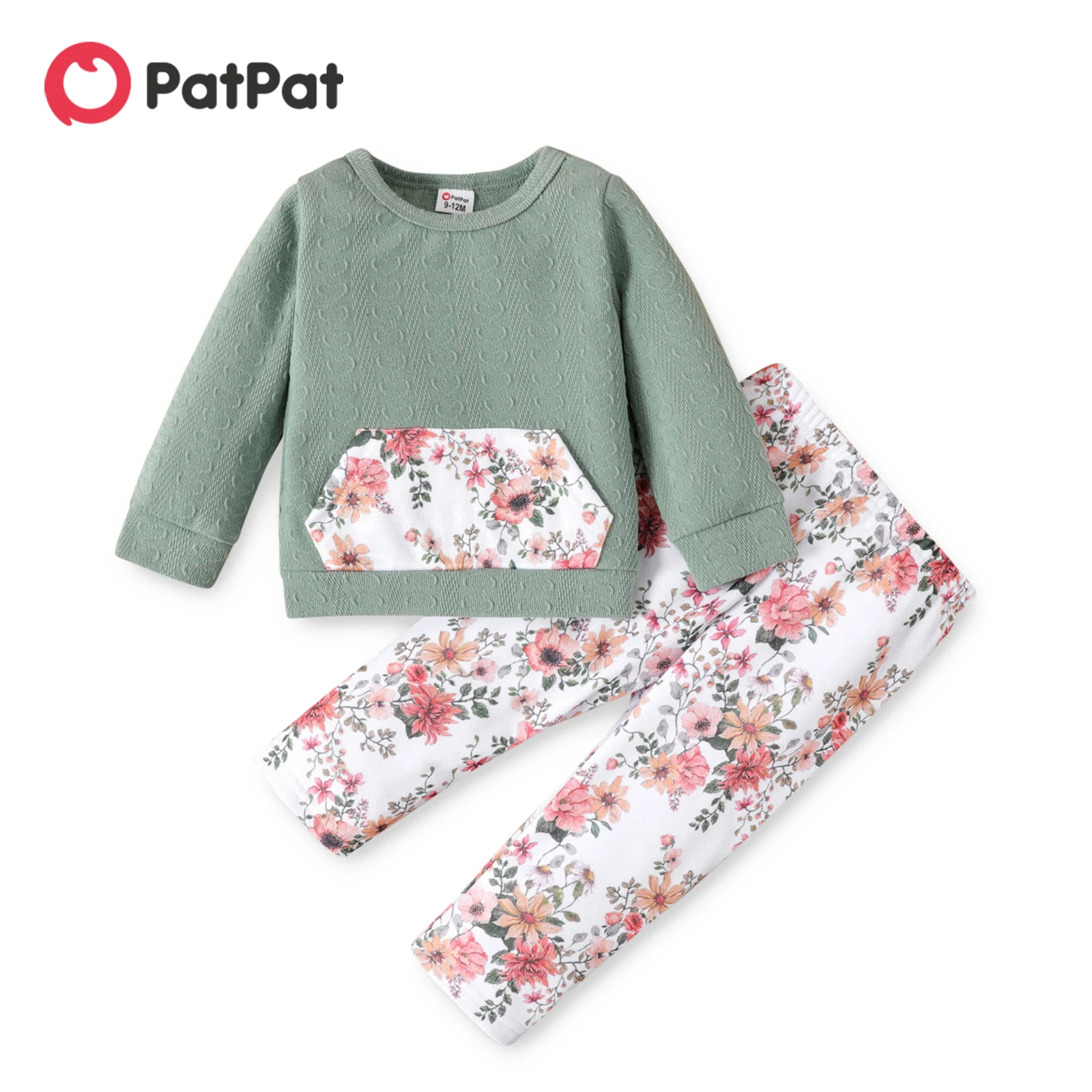 

PatPat 2pcs Baby Girl Light Green Textured Long-sleeve Pullover and Floral Print Trousers Set