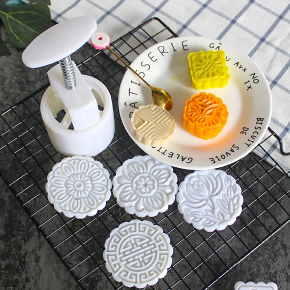 

Round Flower Mooncake Mold 100g Mid Autumn Festival DIY Hand Pressure Fondant Moon Cake Mould Decora Kitchen Tool 10 Style Set
