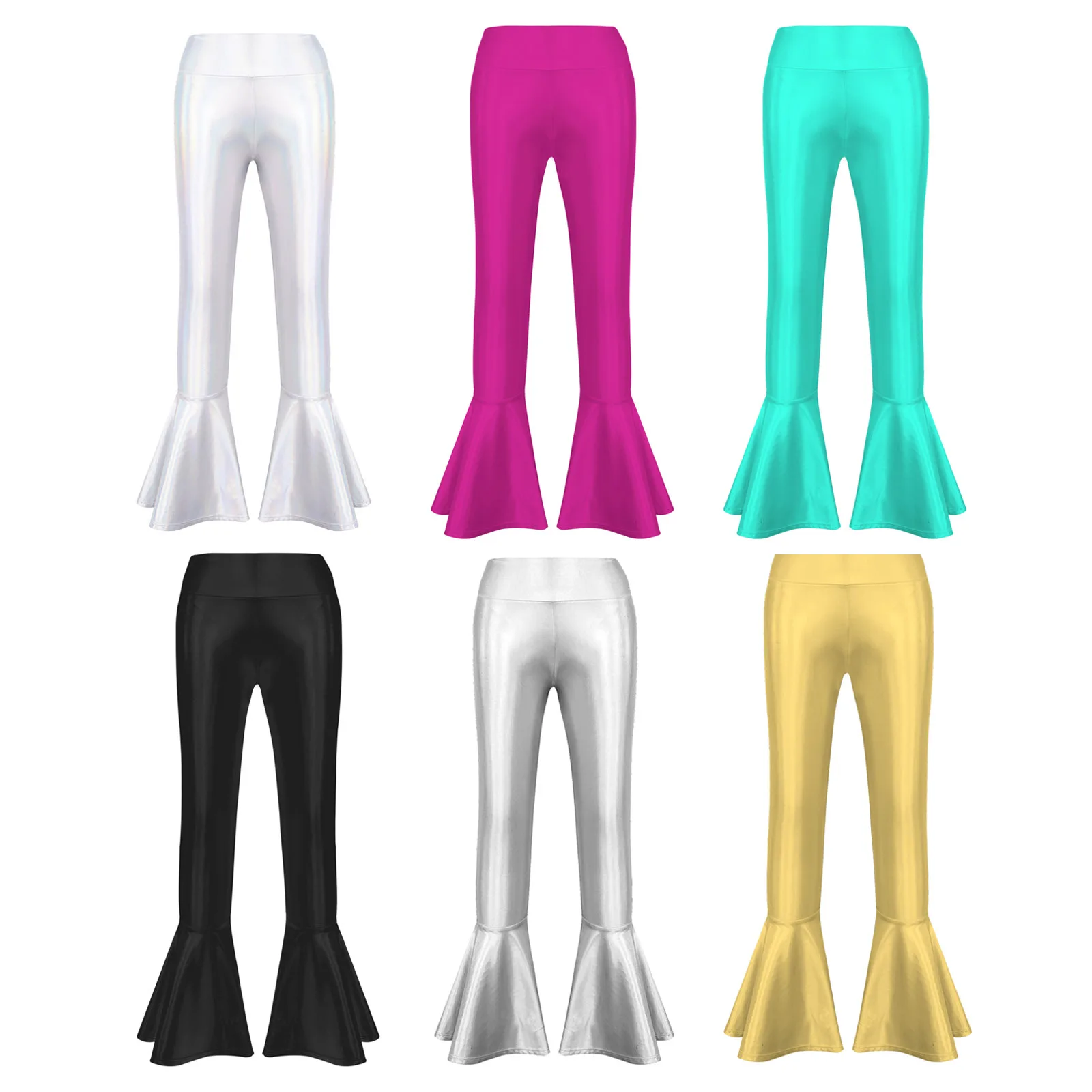 Kids Girls Bell Bottom Pants Boot Cut Shiny Pants Glossy Metallic Leggings for Mardi Gras Performances Dance Competitions Pants