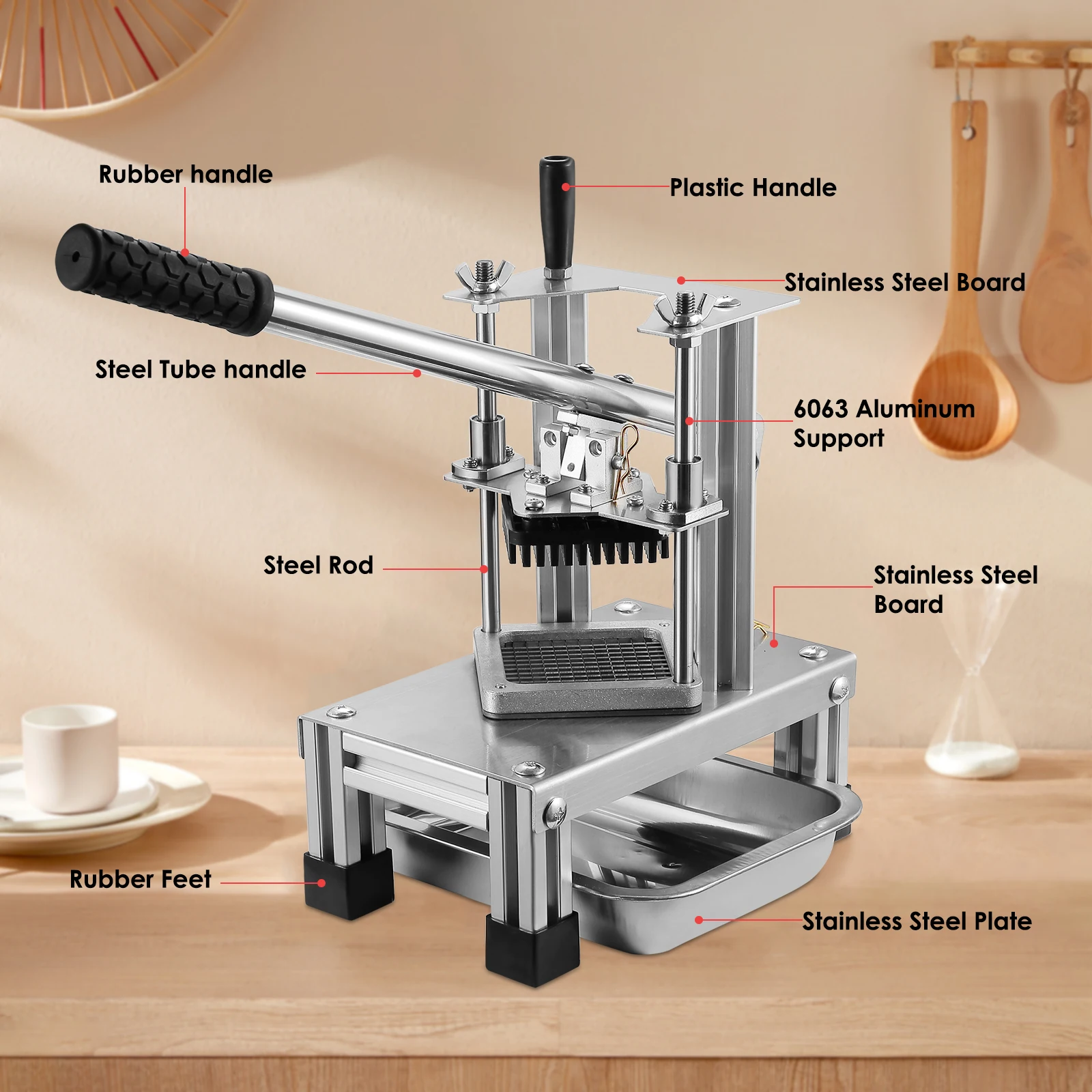 Cortador comercial de patatas fritas, rebanador de frutas y verduras con 3 cuchillas de acero inoxidable-cortador de patatas fritas de 1/4 "1/2" 3/8"-5