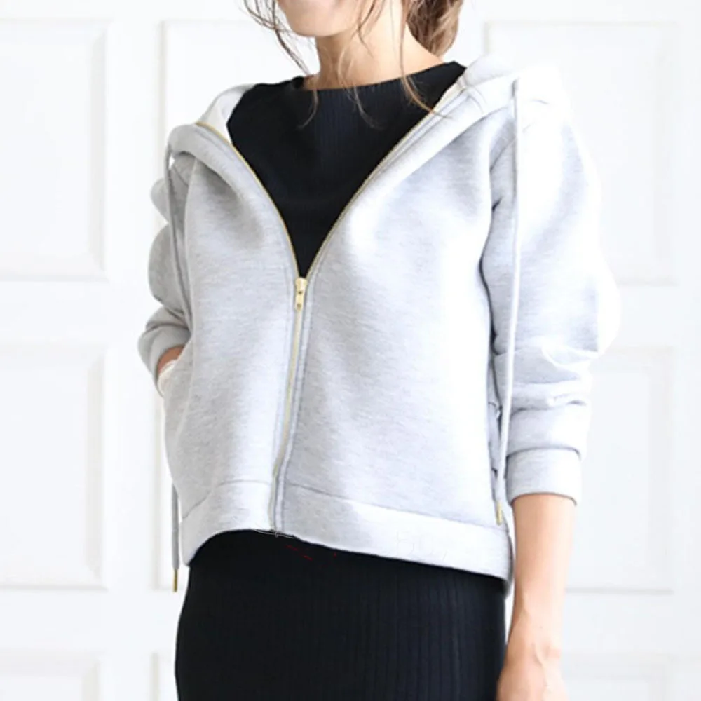 

Women Hooded Hoodies Japan Korean Fashion Streetwear Casual Thicken Autumn Spring Long Sleeve Short Jacket Coat Black Grey 2021