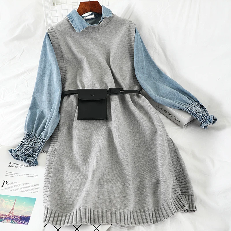 2019 Новая модная женская одежда зимняя джинсовая рубашка + трикотажное платье из