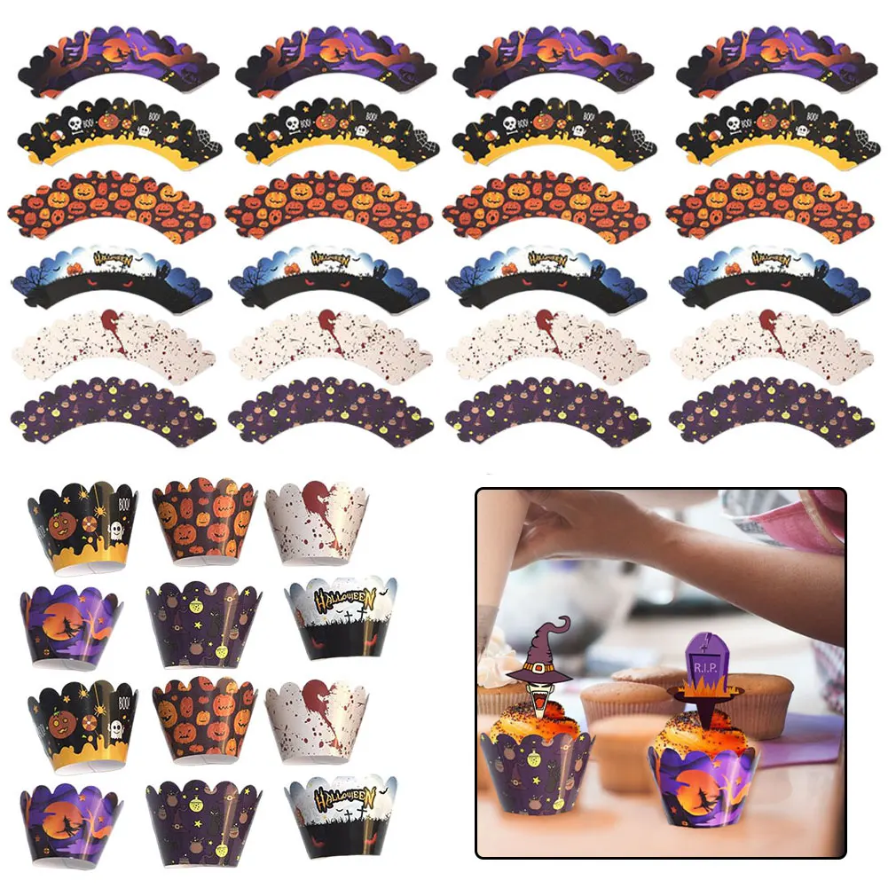 

36PCS Halloween Decoration Cupcake Wrapper Cup Muffins Horror Pumpkin Witch Bat Cake Toppers For Home Halloween Party Cake Decor