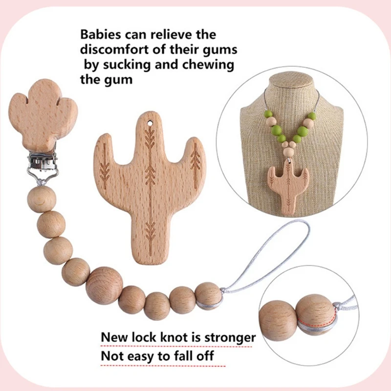 Mordedor de madera org&aacute;nico para beb&eacute;, juguete de dentici&oacute;n Natural, collar de dentici&oacute;n con cuentas de silicona, Clips para chupete reci&eacute;n nacido, cadena de regalo para beb&eacute;-1