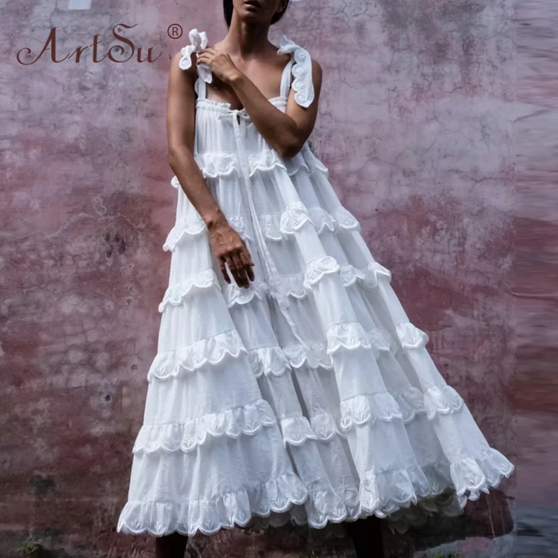 

ArtSu 2020 Spring Vacation Runway Sundress Women Elegant Lace Up Cami Bow Ruffles White Summer Dress Loose Boho Maxi Dress