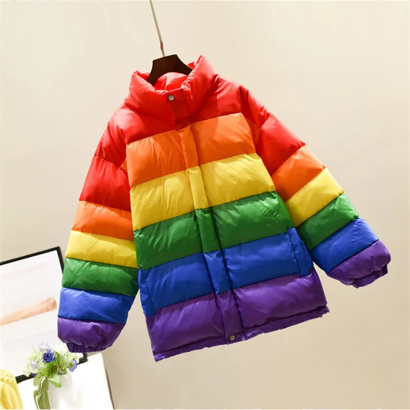 

2021 New Winter Rainbow Patchwork Parka Overcoat Warm Fashion Outerwear Coats Women Streetwear Loose Jacket Female Dropshipping