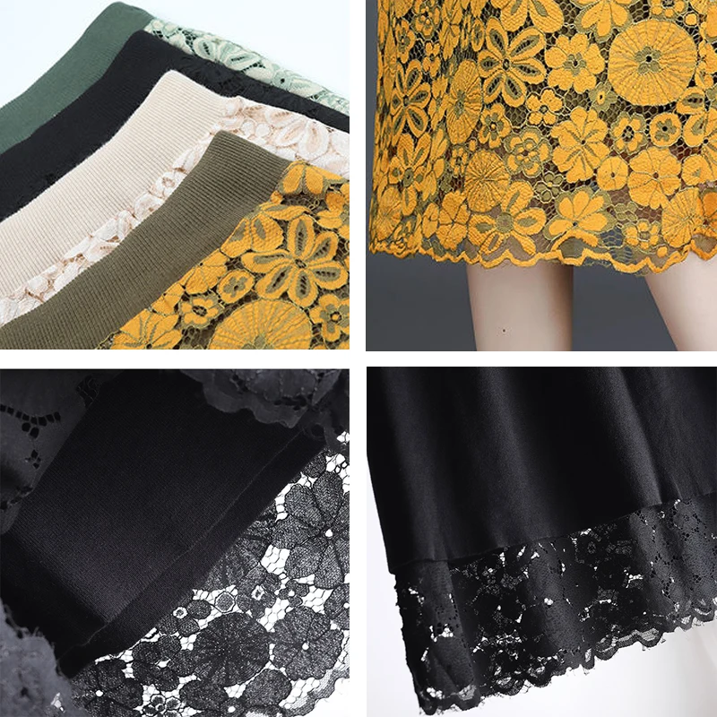 

Floral Lace Double Sided Skirt Korean Style Elastic High Waist Women Dress Fashion Large Size A-line Skirt Female 2021 New